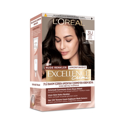 رنگ مو لورال سری Excellence Creme مدل Nude رنگ 3U قهوه‌ای تیره