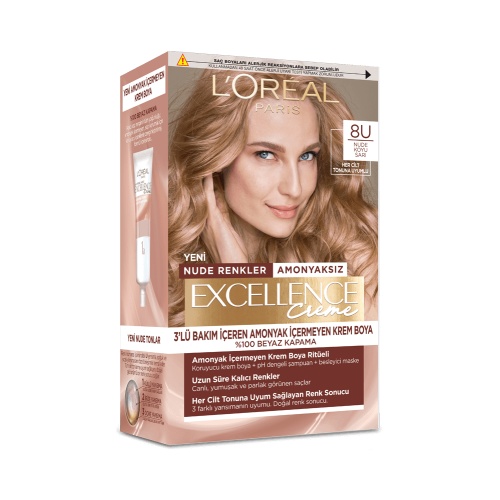 رنگ مو لورال سری Excellence Creme مدل Nude رنگ 8U (بلوند تیره نود)